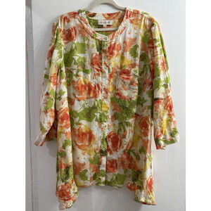 Jones NY Women 2X XXL 100% Linen Floral Top Shark Bite Hem Colorful Button Up